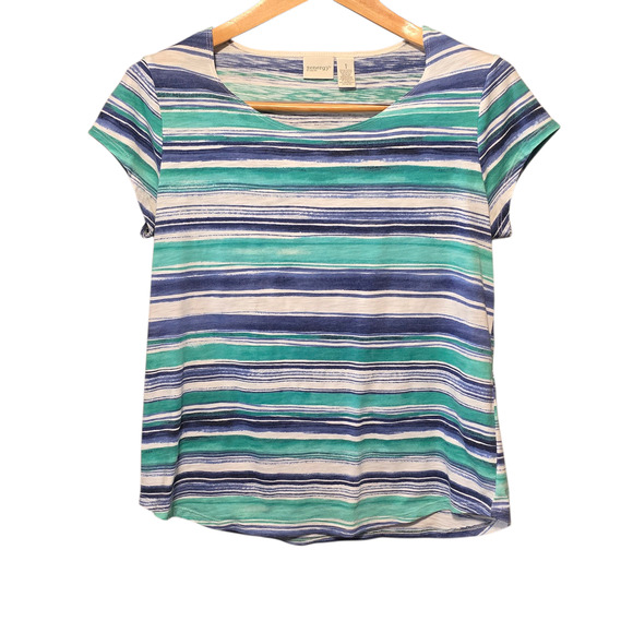Zenergy by Chico’s Women’s Coastal Tee M Blue Green Striped Lightweight Cruise - Picture 1 of 8